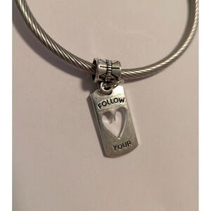Follow Your Heart Silver Cable Wire Bangle Bracelet Inspirational Charm Jewelry